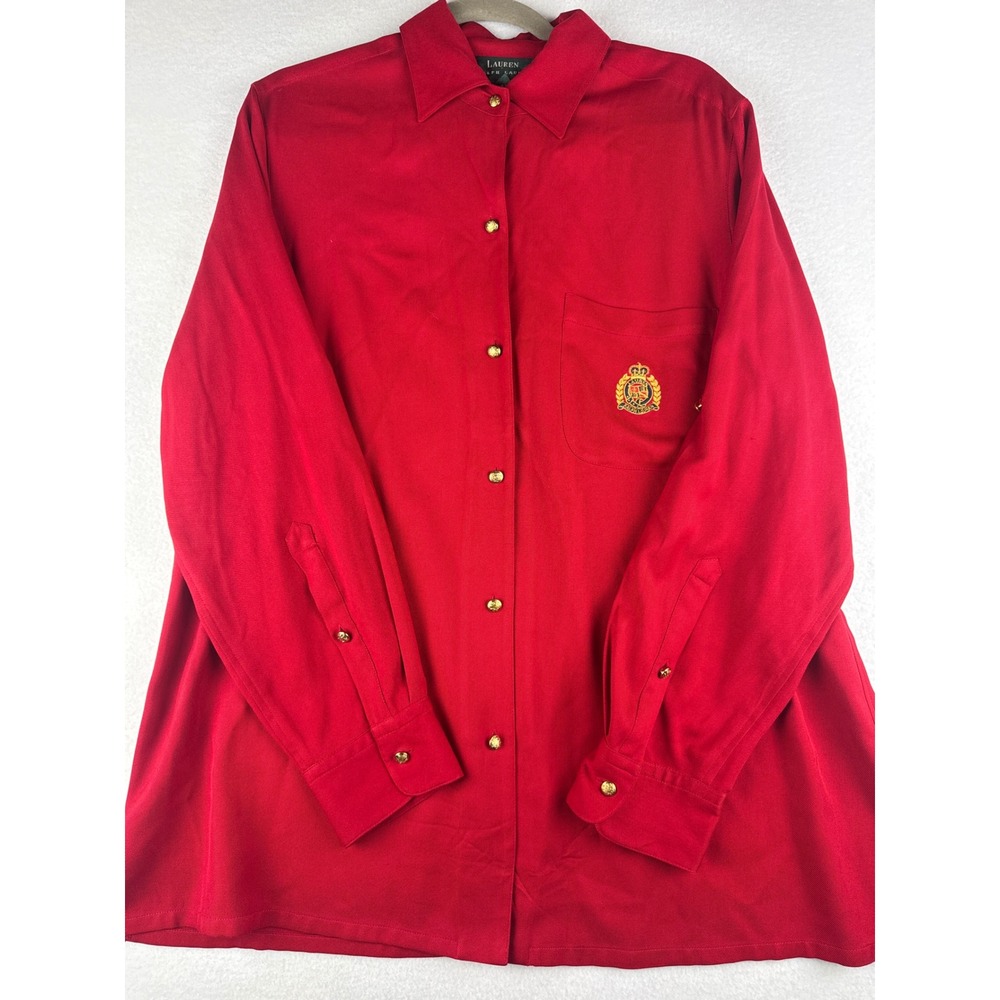 Lauren Ralph Lauren Red 100% Silk Button Down Shirt Embroidered Crest 1X